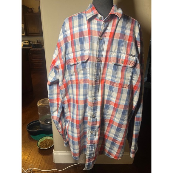 Eddie Bauer TXL Flannel Shirt Plaid Red White Blue Button Front Long Sleeve Mens - Picture 1 of 6